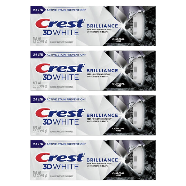 Four boxes of Crest 3D White Brilliance Charcoal Mint Fluoride Toothpaste, 3.5oz each, from Crests 4 Pack, the #1 Whitening Brand, are displayed stacked.